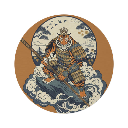 Samurai Tiger Round Rug — Vintage Japanese Warrior Art Floor Mat