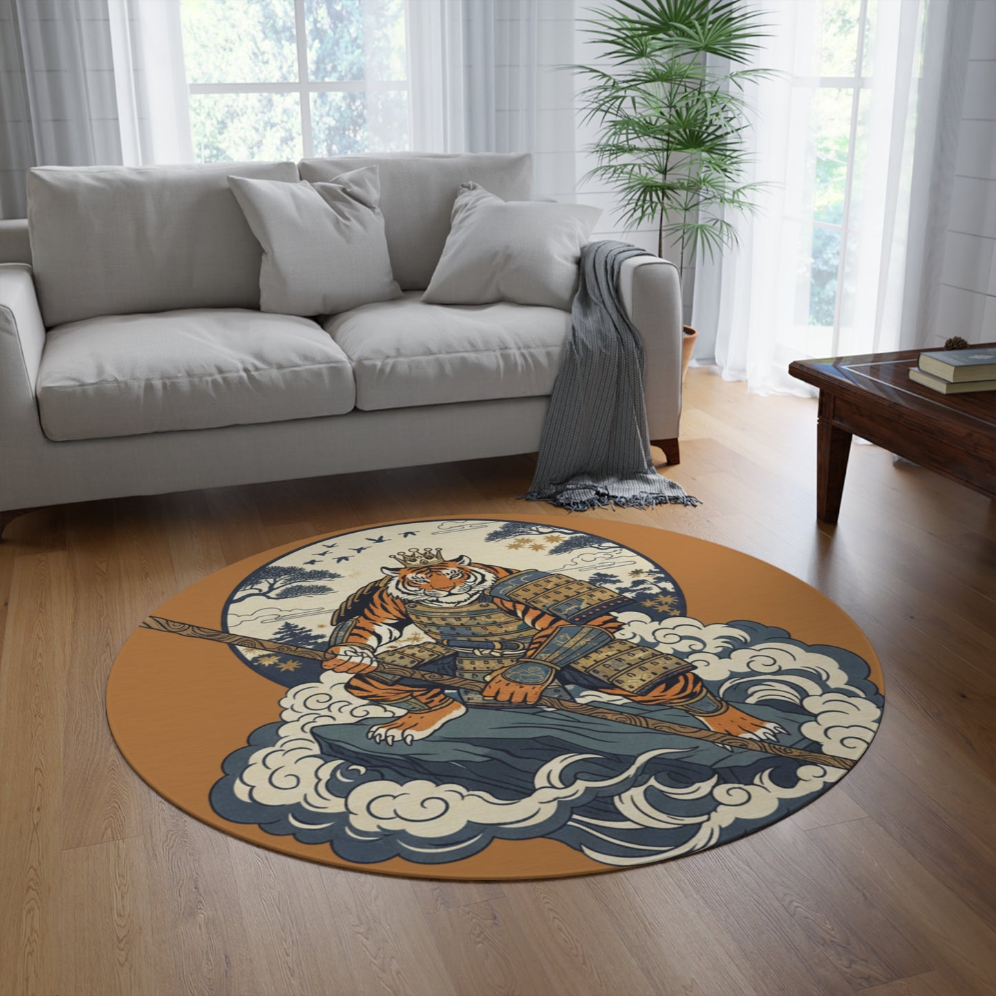 Samurai Tiger Round Rug — Vintage Japanese Warrior Art Floor Mat